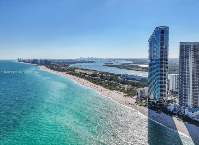 bird's eye view with a water view and a beach view