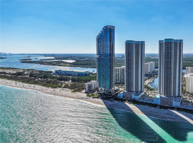 bird's eye view with a beach view and a water view