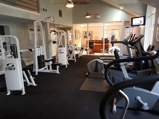 workout area with high vaulted ceiling and ceiling fan