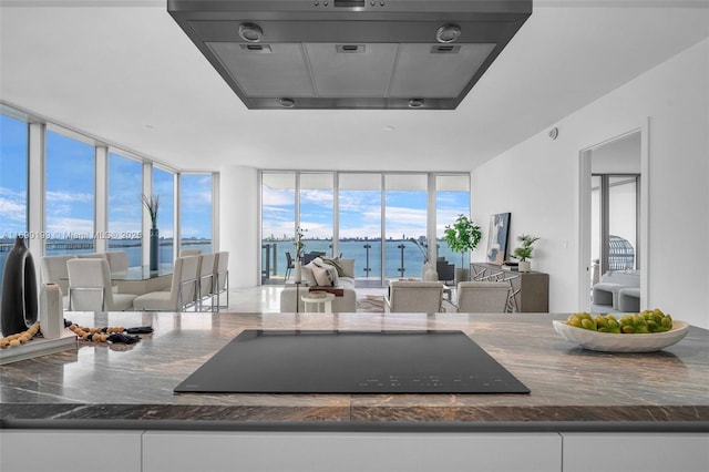 kitchen with dark stone counters, floor to ceiling windows, a water view, and open floor plan