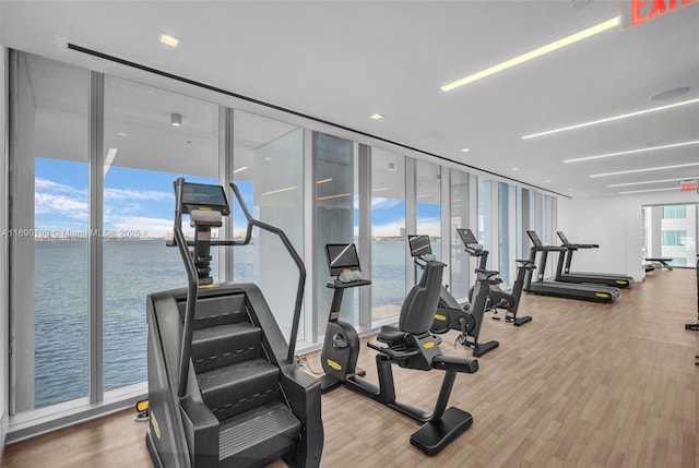 gym with a water view, wood finished floors, and a wall of windows