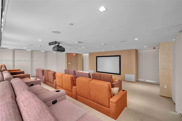 home theater featuring light carpet and recessed lighting