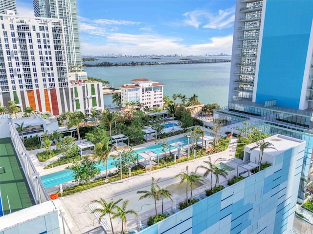 birds eye view of property with a water view