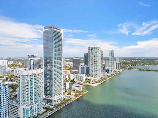 bird's eye view featuring a water view and a city view