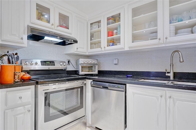 780 NE 69th St Unit 2506, Miami, FL 33138 - kitchen with stainless steel appliances, under cabinet range hood, a sink, white cabinetry, and tasteful backsplash