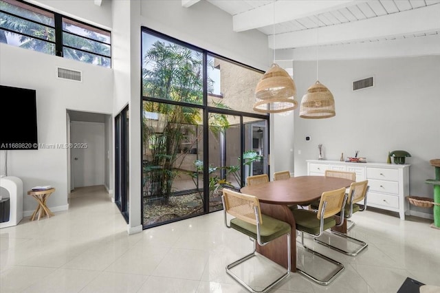 dining room featuring visible vents, baseboards, high vaulted ceiling, and beamed ceiling