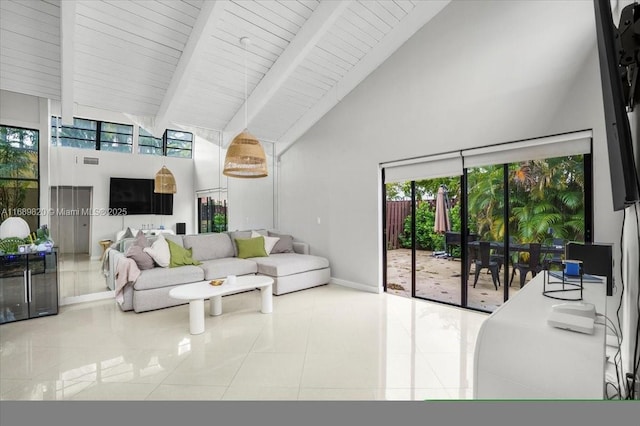 living area featuring tile patterned floors, beamed ceiling, visible vents, high vaulted ceiling, and baseboards