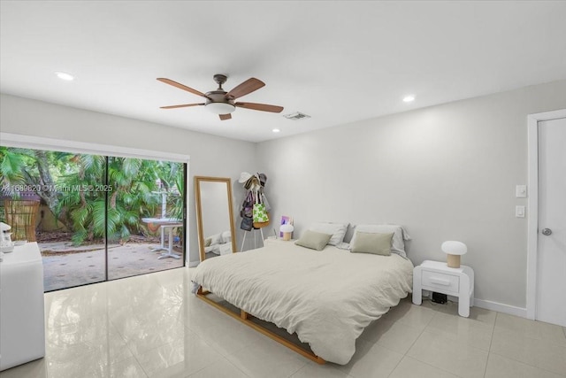 tiled bedroom featuring visible vents, access to exterior, recessed lighting, baseboards, and ceiling fan