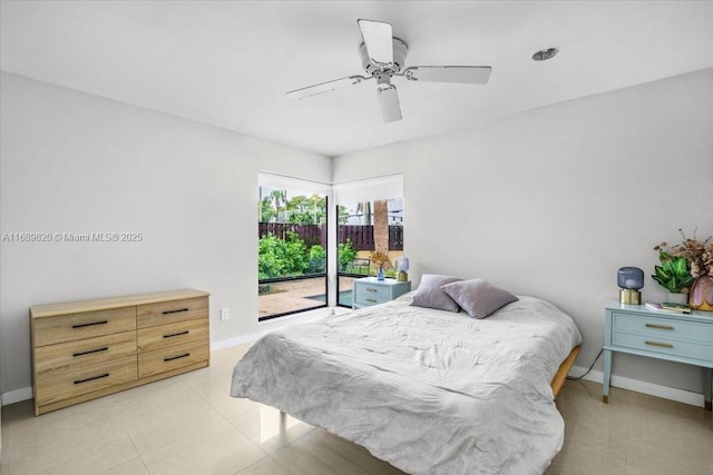 bedroom with access to outside, light tile patterned floors, baseboards, and ceiling fan