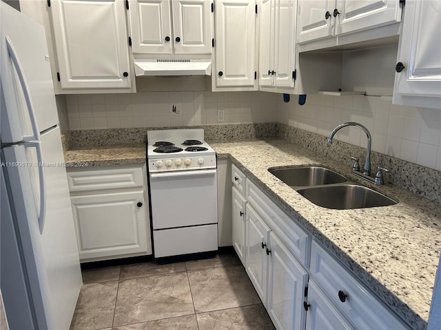 kitchen with tasteful backsplash, extractor fan, sink, white cabinets, and white appliances