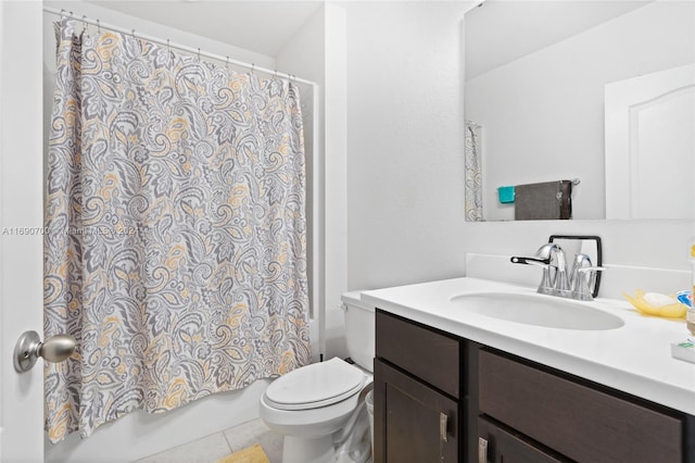 full bathroom featuring toilet, vanity, shower / bath combination with curtain, and tile patterned flooring