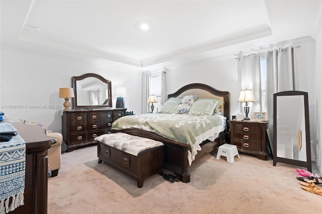 carpeted bedroom with crown molding, multiple windows, and a raised ceiling