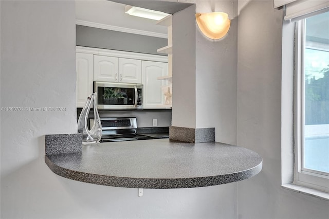 kitchen featuring stainless steel appliances, white cabinetry, a wealth of natural light, and ornamental molding