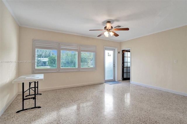 unfurnished room with crown molding and ceiling fan