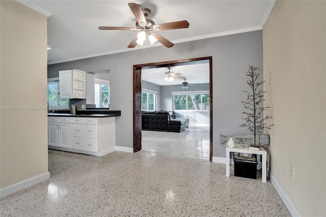 kitchen with crown molding, white cabinets, and ceiling fan