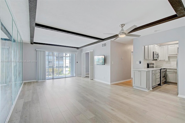 3020 NE 16th Ave Unit 306, Oakland Park, FL 33334 - unfurnished living room with beamed ceiling, ceiling fan, baseboards, and light wood-type flooring