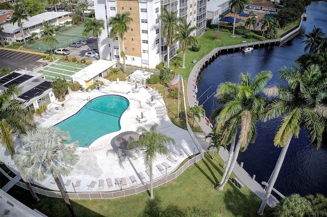 birds eye view of property featuring a water view