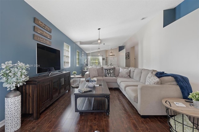 living room featuring lofted ceiling and dark hardwood / wood-style floors