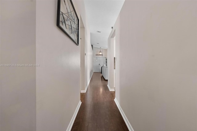 hallway featuring dark hardwood / wood-style flooring and a textured ceiling