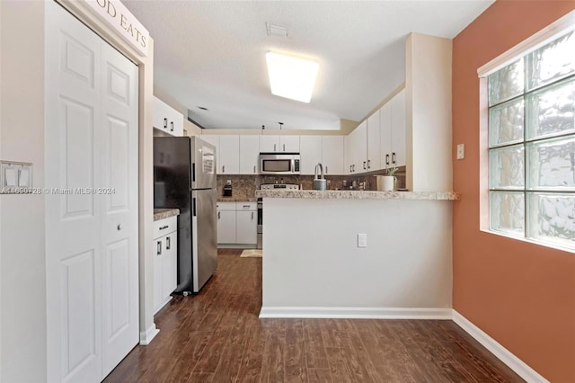 kitchen featuring white cabinetry, kitchen peninsula, stainless steel appliances, and dark wood-type flooring