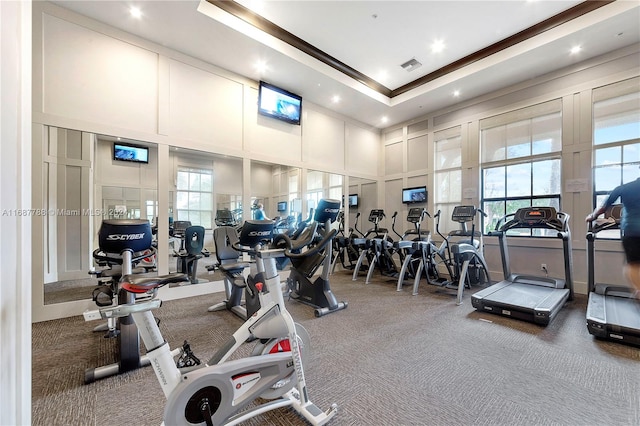 exercise room featuring carpet floors and a tray ceiling