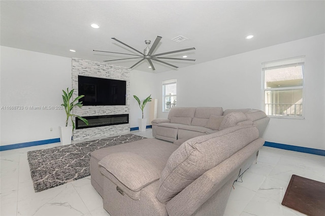 living room featuring ceiling fan