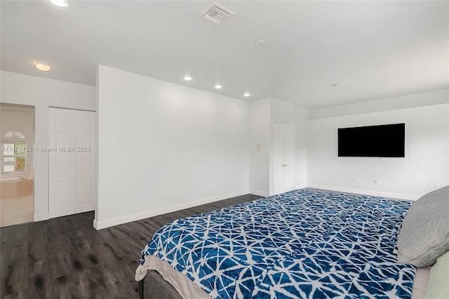 bedroom featuring ensuite bathroom, dark hardwood / wood-style floors, and a closet