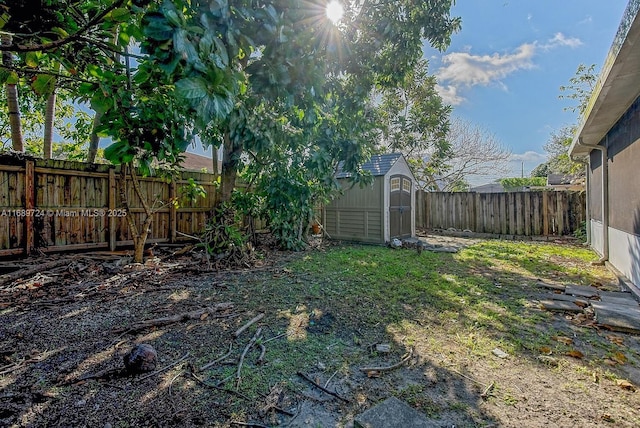 view of yard featuring a storage unit