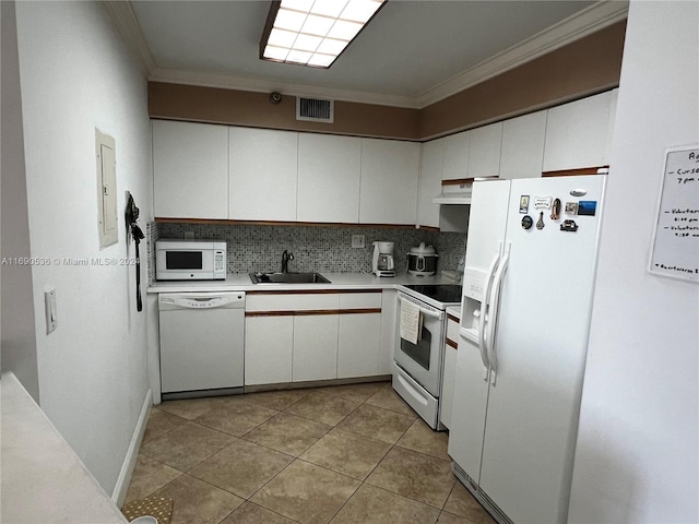 kitchen featuring tasteful backsplash, ornamental molding, sink, white cabinets, and white appliances