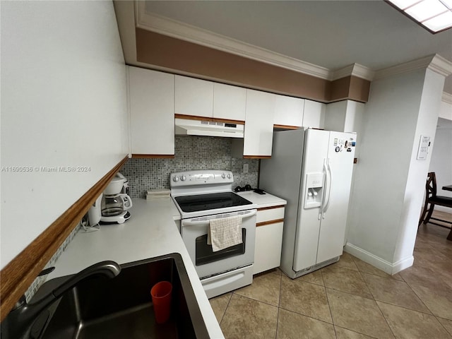 kitchen with white cabinetry, sink, ornamental molding, backsplash, and white appliances