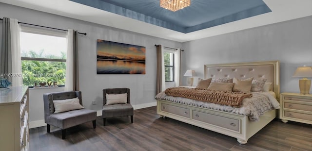 bedroom with dark hardwood / wood-style floors and a tray ceiling