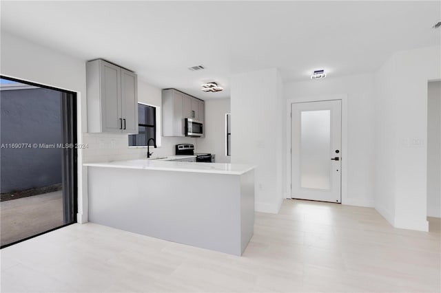 kitchen featuring kitchen peninsula, sink, gray cabinets, backsplash, and appliances with stainless steel finishes