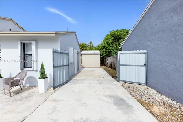 exterior space featuring a storage shed