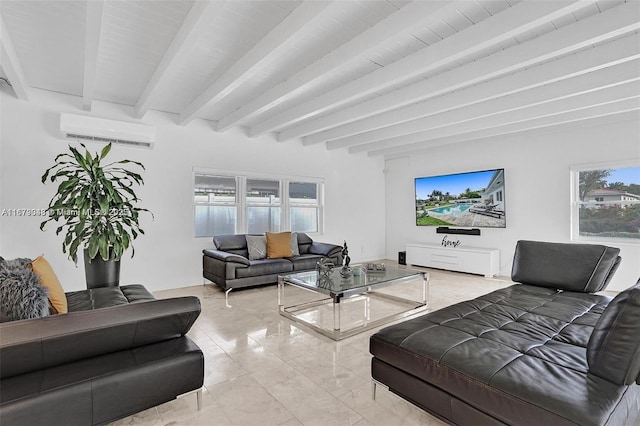 living room featuring a wall mounted air conditioner, a wealth of natural light, and beamed ceiling