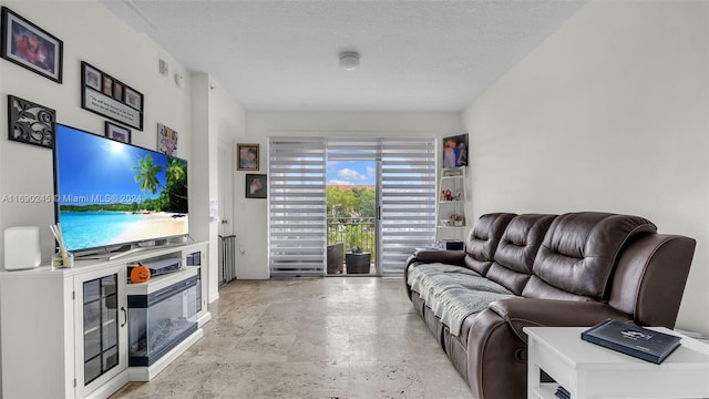 living room featuring a textured ceiling