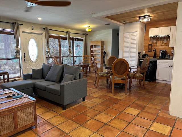 living room with wooden ceiling