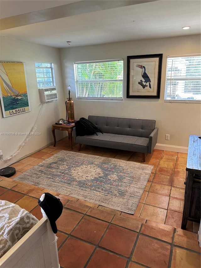 tiled living room featuring cooling unit