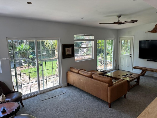 living room with ceiling fan and carpet floors