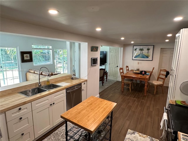 kitchen featuring wood counters, white cabinets, sink, stainless steel dishwasher, and dark hardwood / wood-style flooring