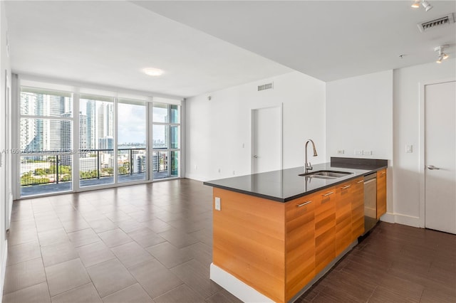 kitchen with dishwasher, kitchen peninsula, sink, and floor to ceiling windows