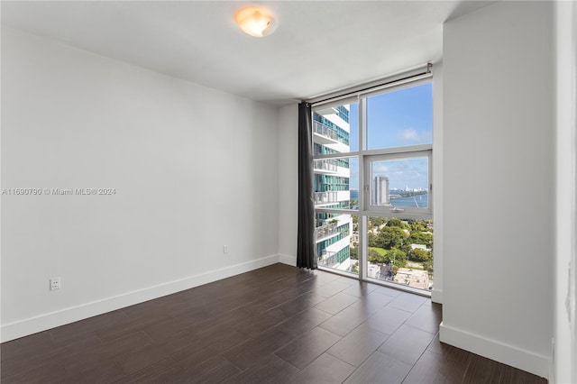 unfurnished room with dark wood-type flooring and expansive windows