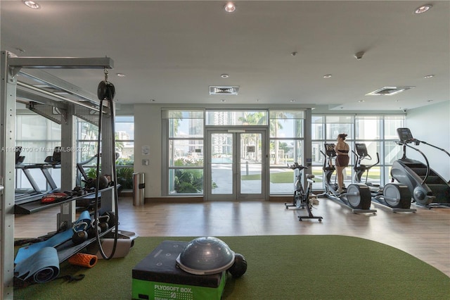 workout area with wood-type flooring, french doors, and a wall of windows