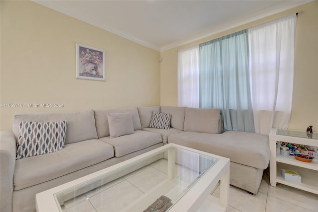 living room with light tile patterned floors and crown molding