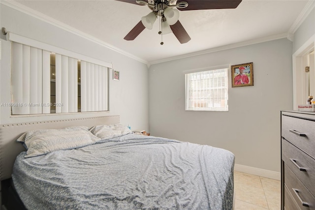 bedroom with ceiling fan, crown molding, and light tile patterned flooring