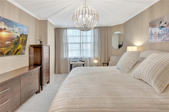 bedroom featuring ornamental molding, a textured ceiling, and an inviting chandelier