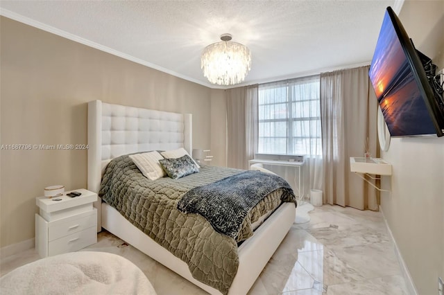 bedroom with a chandelier, a textured ceiling, and ornamental molding