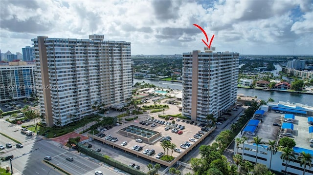 bird's eye view with a water view