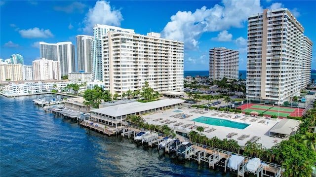 drone / aerial view with a water view