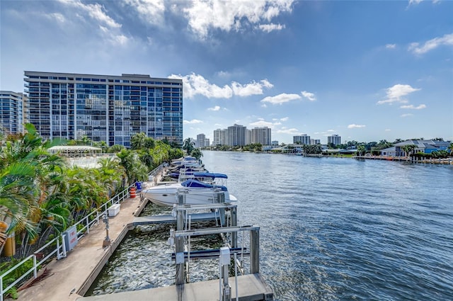 view of water feature with a boat dock