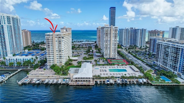 birds eye view of property featuring a water view